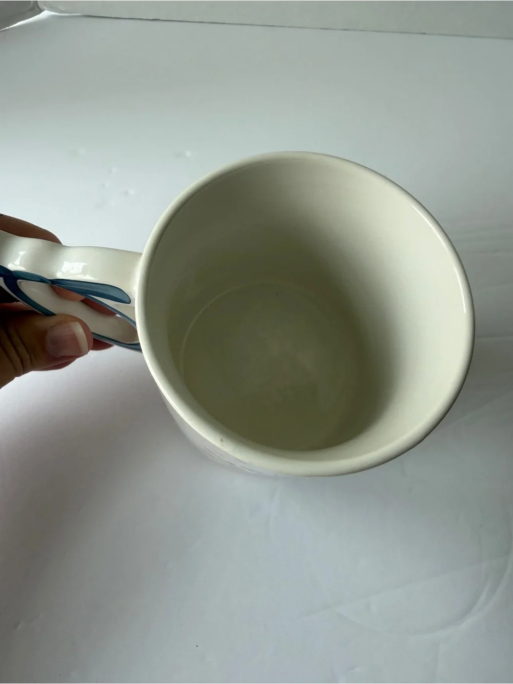 Floral Ribbon Ceramic Coffee Mug - Cream with Blue Accents